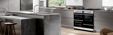 A grey kitchen with a Belling Cookcentre Deluxe cooker installed