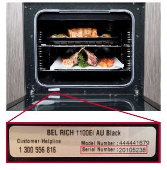 A Belling oven showing that the model and serial number can be found on a label on the bottom left side of the oven inside the door